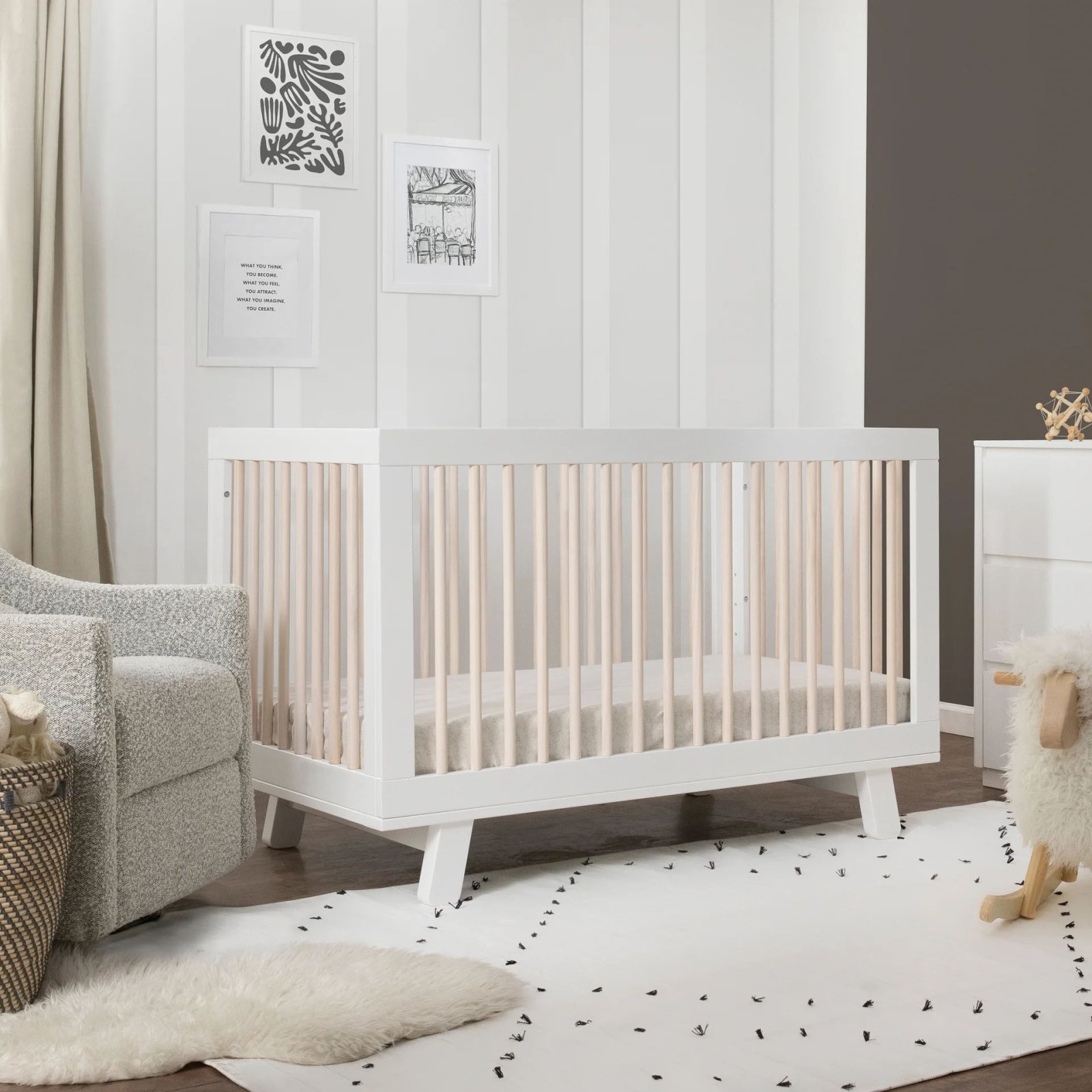 Hudson 3 In 1 Crib With Toddler Rail - White / Washed Natural