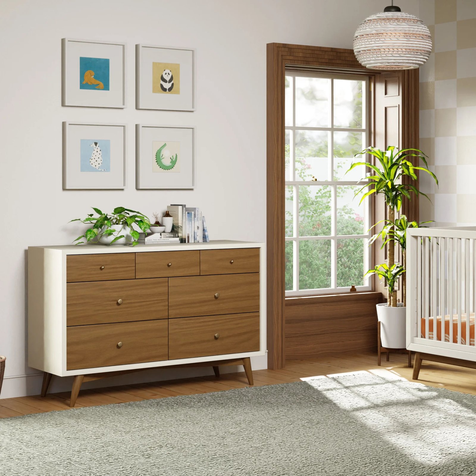 Palma 7 Drawer Double Dresser - Warm White / Natural Walnut