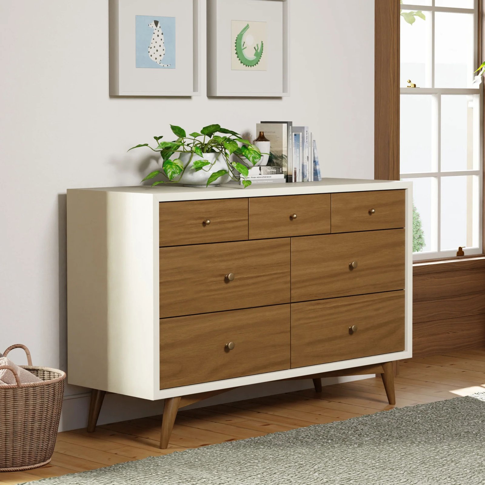 Palma 7 Drawer Double Dresser - Warm White / Natural Walnut