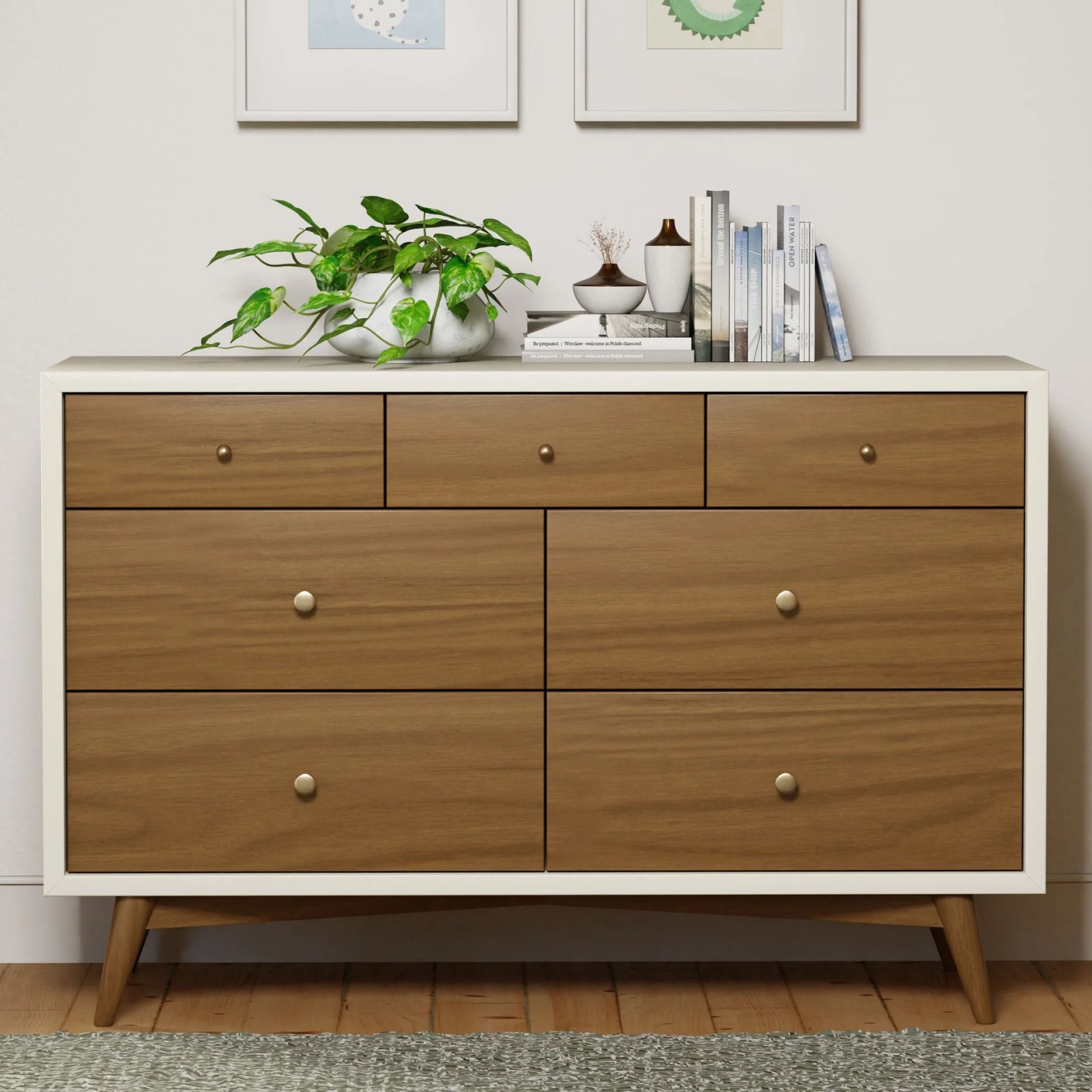 Palma 7 Drawer Double Dresser - Warm White / Natural Walnut
