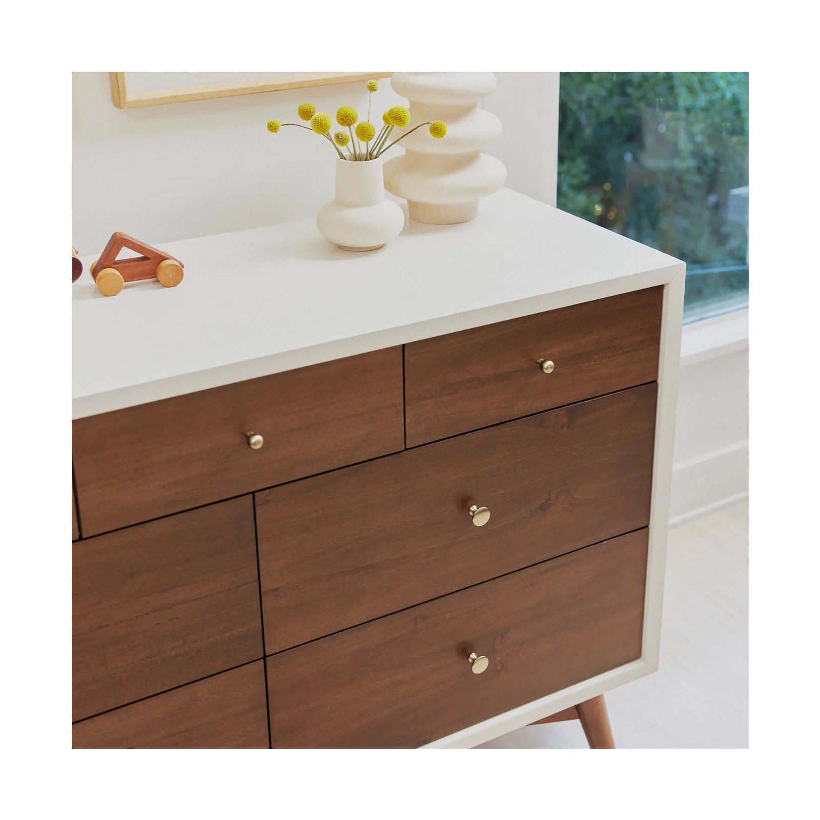 Palma 7 Drawer Double Dresser - Warm White / Natural Walnut