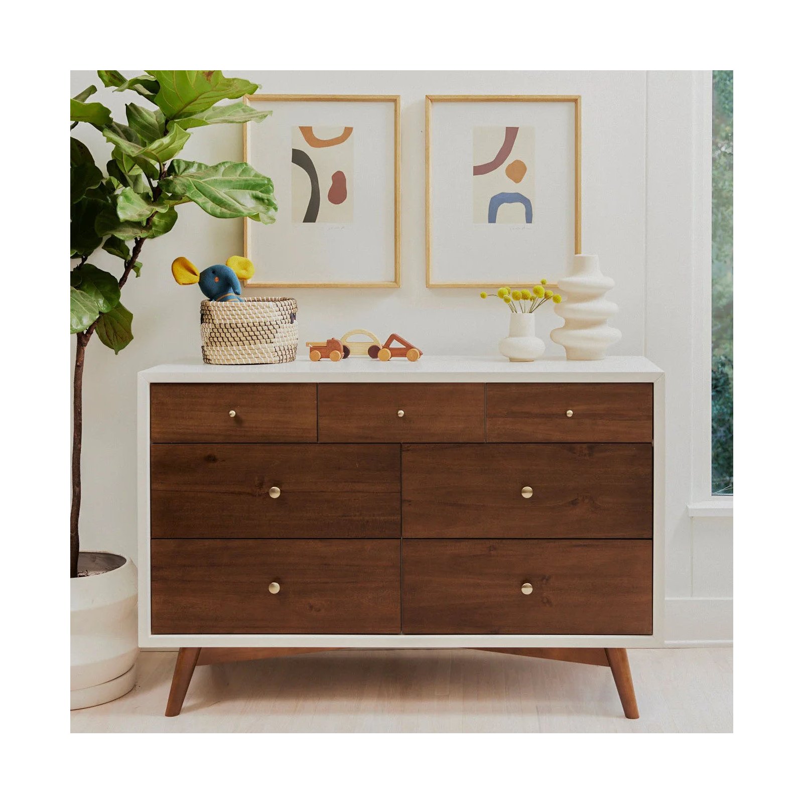 Palma 7 Drawer Double Dresser - Warm White / Natural Walnut