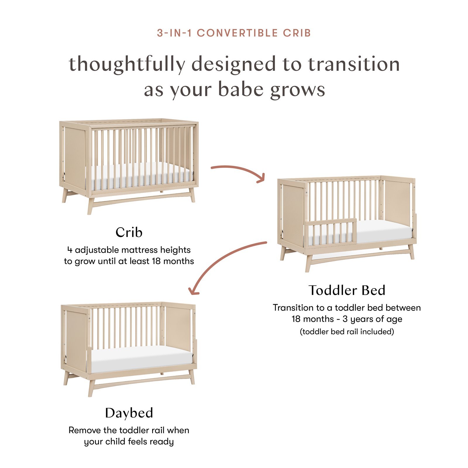 Peggy 3 In 1 Crib With Toddler Rail - Taupe
