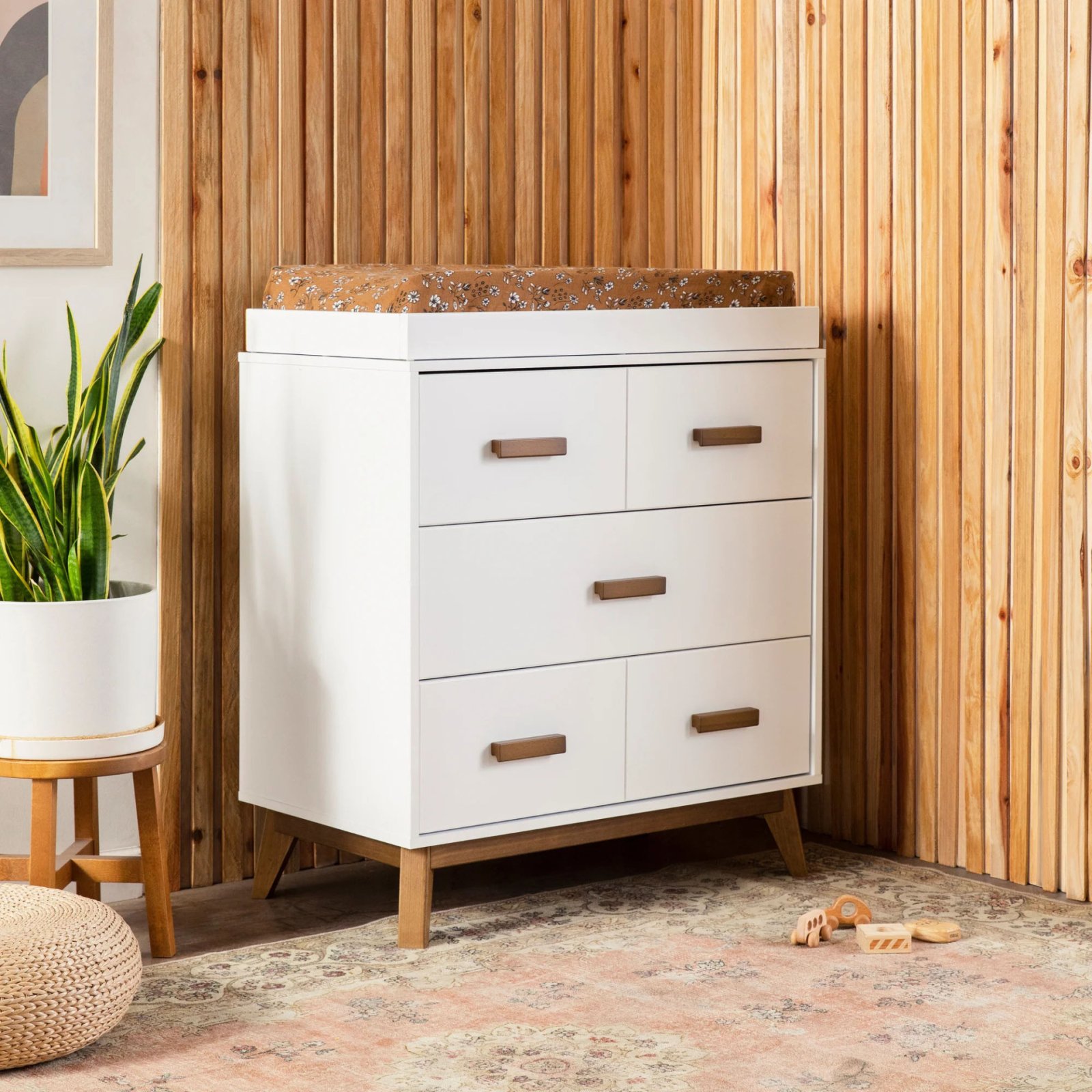 Scoot 3 Drawer Changer Dresser - White / Natural Walnut