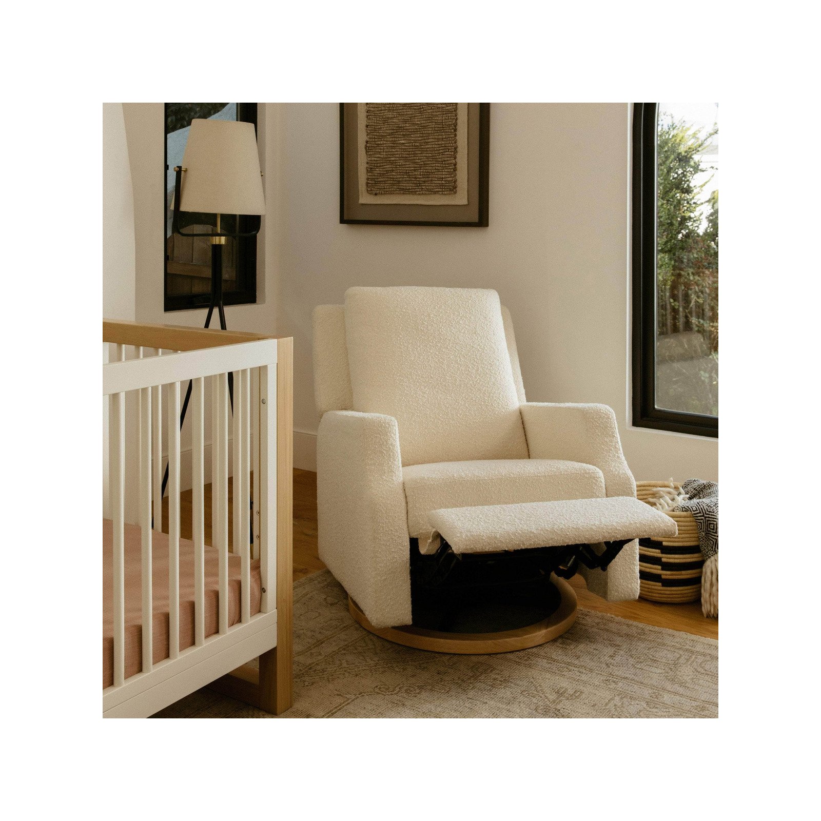 Crewe Recliner and Swivel Glider Ivory Boucle with Light Wood base