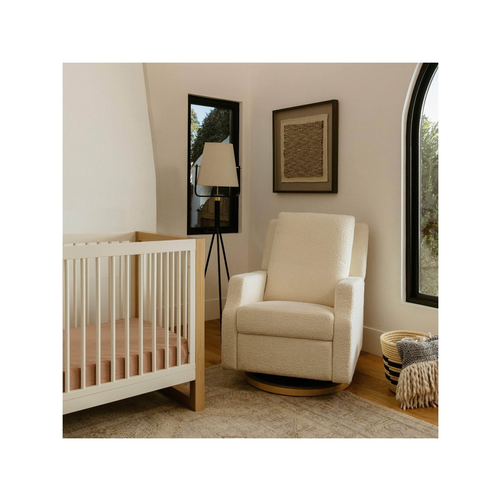 Crewe Recliner and Swivel Glider Ivory Boucle with Light Wood base