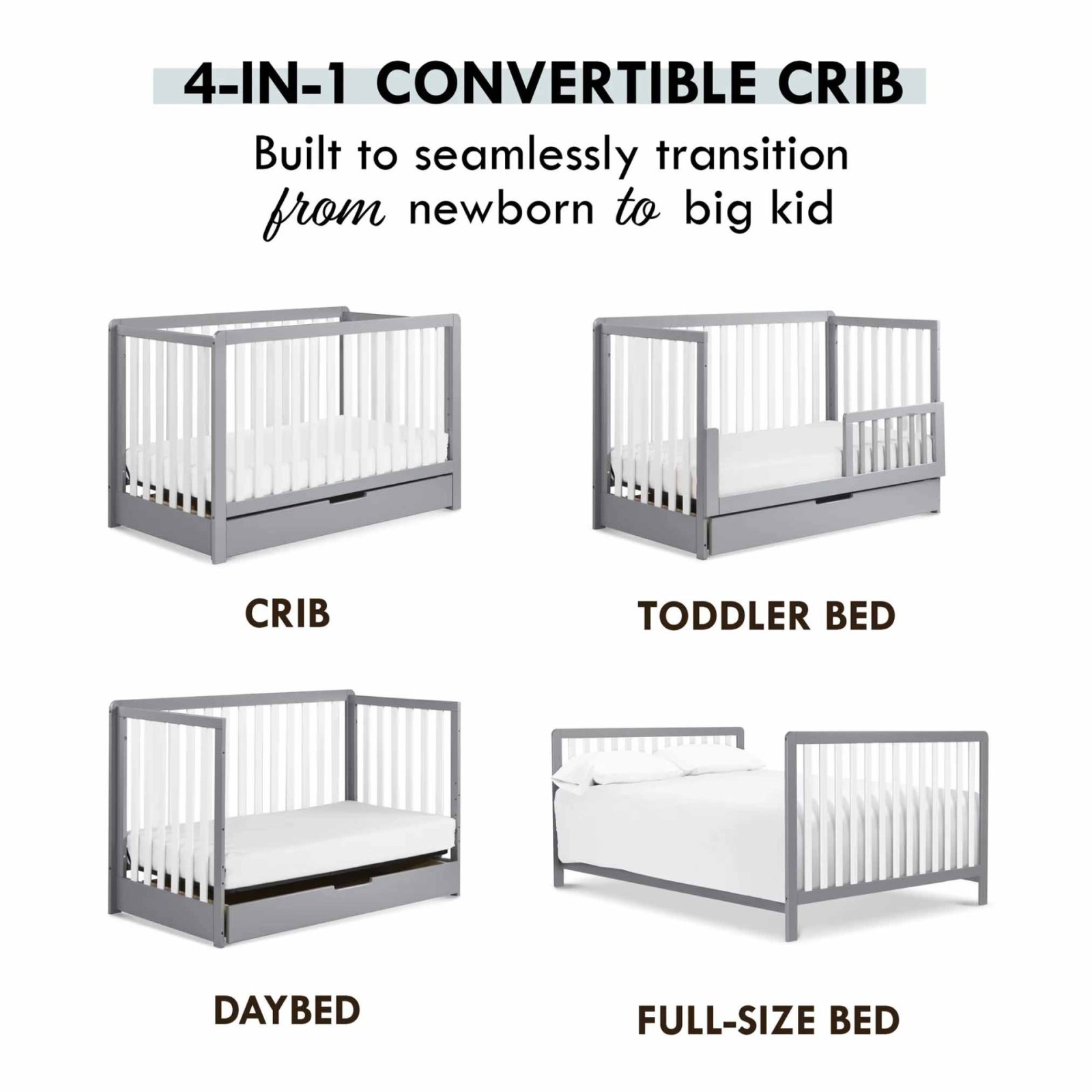 Colby 4 In 1 Convertible Crib with Trundle Drawer - Grey White